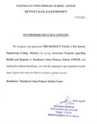 Recognition and Appreciation Letter from Panchayat Union Primary School, Gonur, for organizing awareness programme on 17th May 2022.